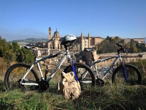 duas bicicletas estacionadas na relva em frente a um castelo em Hotel & Residence Dei Duchi em Urbino