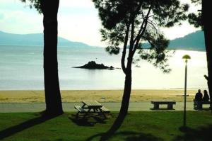 a picnic table in a park next to the beach at Hostal Viña in Outes