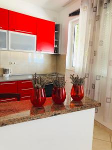three red vases sitting on a counter in a kitchen at Sea view Apartment, Todorovic in Kotor +25 photos