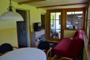 a living room with a red couch and a table at Pension Edelweiss Top21 in Gosau