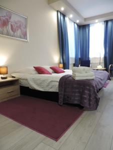 a bedroom with a large bed with blue curtains at Apartament Blue in Krosno