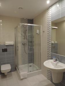 a bathroom with a shower and a sink and a toilet at Apartament Blue in Krosno