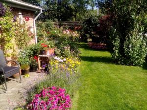 a garden with lots of flowers and a bench at B&B Villa Filsø in Tim
