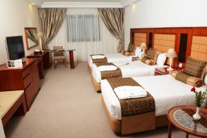 突尼斯Marigold Hotel的酒店客房设有四张床和电视。