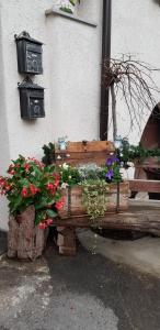 a wooden bench with flowers on the side of a building at Brezmorzy in Brez