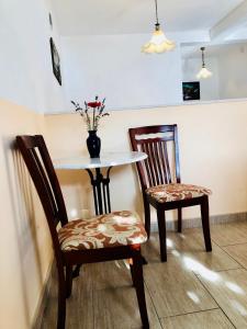 stół z 2 krzesłami i wazon z kwiatami w obiekcie Studio Apartment Todorovic w Kotorze