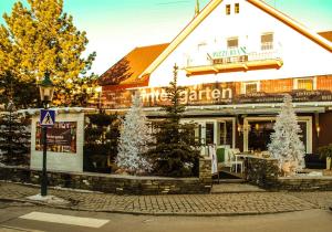 um restaurante com árvores de Natal em frente em Hotel Wintergarten em Schladming