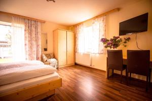 1 dormitorio con cama, mesa y TV en Hotel Wintergarten en Schladming