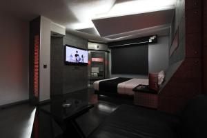 a bedroom with a bed and a tv on a wall at Kuboz Motor Hotel (Motel y Hotel) in Guadalajara