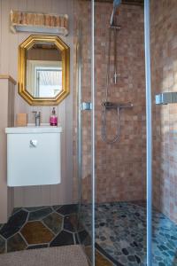 a bathroom with a shower with a sink and a mirror at Mini Apartment Sakrisøy in Reine