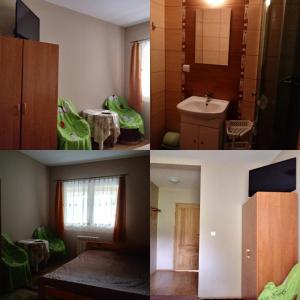 four pictures of a room with a bathroom and a room with a sink at Pokoje Gościnne Oliwka in Poronin