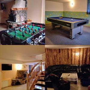 four pictures of a living room with a pool table at Pokoje Gościnne Oliwka in Poronin