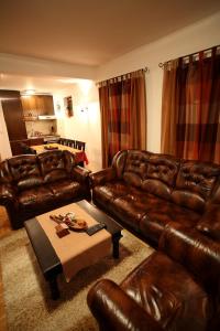 a living room with brown leather couches and a table at Family Apartments in Žabljak