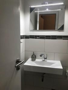 ハーネンクレー・ボックスヴィーゼにあるHahnenklee Ferienpark 1-411のバスルーム(白い洗面台、鏡付)