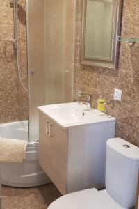 La salle de bains est pourvue d'un lavabo, de toilettes et d'une douche. dans l'établissement Kraslava 2 Bedroom Lux Apartments, à Krāslava