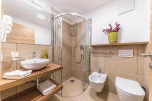 a bathroom with a shower and a toilet and a sink at Apartments Mezdi in Santa Cristina in Val Gardena