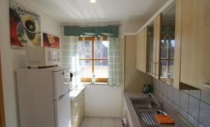 een keuken met een koelkast, een wastafel en een raam bij Ferienwohnung Wagner Bayreuth in Bayreuth