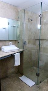 y baño con ducha acristalada y lavamanos. en Aristos Express CDMX en Ciudad de México