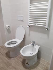 a white bathroom with a toilet and a sink at Lago Vivo in Barrea +25 photos