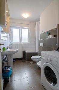 y baño con lavadora y aseo. en Guesthouse GreenSLO, en Liubliana
