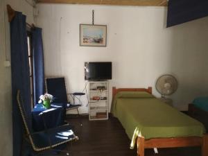 um quarto com uma cama, uma televisão e uma cadeira em Cabaña Tía Sonia em San José de Mayo