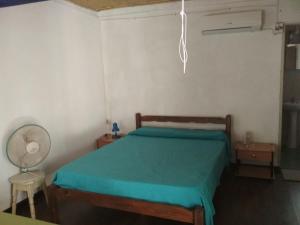 1 dormitorio con 1 cama verde y ventilador en Cabaña Tía Sonia, en San José de Mayo