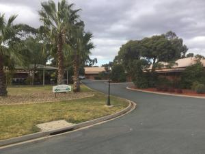 a winding road with palm trees and a building at Sportslander Motor Inn in Moama