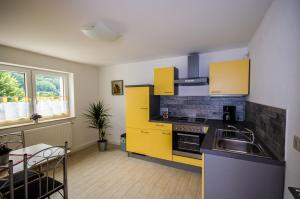 een keuken met gele kasten en een wastafel bij Ferienwohnung an der Habe in Bad Schandau