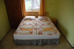 two beds in a room with a window at Apartamenty pod Werchowyną in Chyrowa