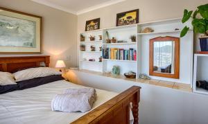 a bedroom with a bed and a mirror and bookshelves at Bay Vista Garden Flat in Glencairn