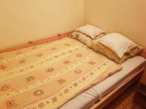 バラトンケネシェにあるRetro nyaralóházのベッド1台(上に枕2つ付)