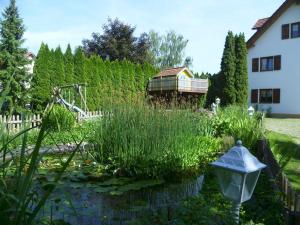 a garden with a pond with a house in the background at BodenSEE Haus am Geissbock in Meckenbeuren