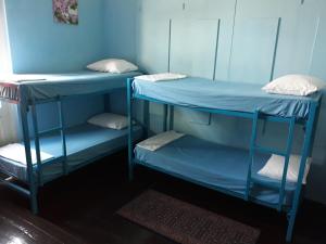 two bunk beds in a room with blue walls at Heraklion Youth Hostel in Heraklio