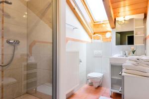 een badkamer met een douche en een toilet bij 5 Sterne Ferienwohnung am See in Böbing