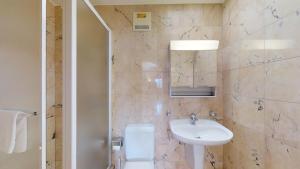 a bathroom with a sink and a toilet and a mirror at Corvatsch 3/47 in Silvaplana +24 photos