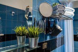 a bathroom with a mirror and some plants in buckets at Borgo Canneto in Rodi Garganico