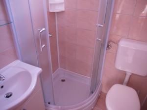 een badkamer met een douche, een toilet en een wastafel bij Villa Ana in Međugorje
