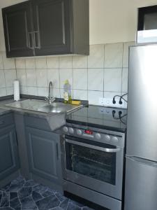 a kitchen with a stainless steel stove and a sink at gemütliche Ferienwohnung in Düsseldorf