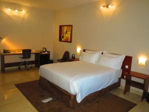 1 dormitorio con 1 cama y escritorio con ordenador en Hotel Castelo Branco, en Chimoio