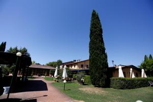 un árbol alto junto a un edificio con mesas y sombrillas en Il Poeta Contadino Country House, en Ripa