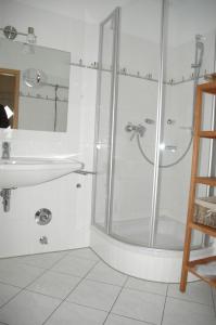 a bathroom with a shower and a sink at Hafenidyll mit Wasserblick in Ostseebad Karlshagen