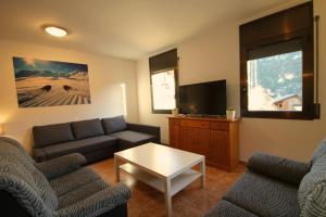 a living room with a couch and a tv at Pont de Toneta 6,3 Atico Duplex, Ransol, Zona Grandvalira in Ransol