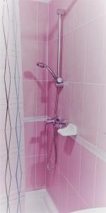 ein rosafarbenes Bad mit einer Dusche und einem WC in der Unterkunft Siesta Üdülő in Igal