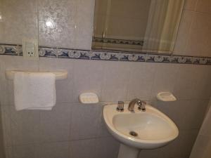 een badkamer met een wastafel, een toilet en een spiegel bij Departamentos Mendoza in Mendoza