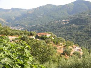 un pueblo en una colina con montañas en el fondo en Agriturismo Don Cesarino, en CastellʼUmberto