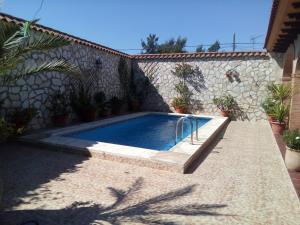 a swimming pool in front of a house with plants at Plaza del Pacifico La Bazana in Jerez de los Caballeros