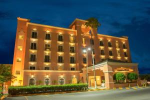 a large building with a palm tree in front of it at iStay Hotel Ciudad Victoria in Ciudad Victoria