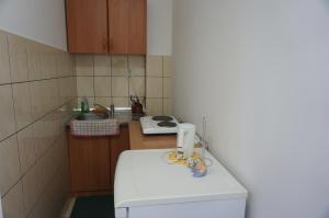 una pequeña cocina con fregadero y nevera blanca en Apartments Bozic, en Trebinje 35 fotos más
