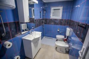 a blue tiled bathroom with two toilets and a sink at Apartments River Una 3 in Bihać