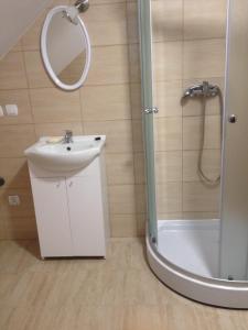 a bathroom with a sink and a shower at Agroturystyka 'Pod dębem' in Giżycko